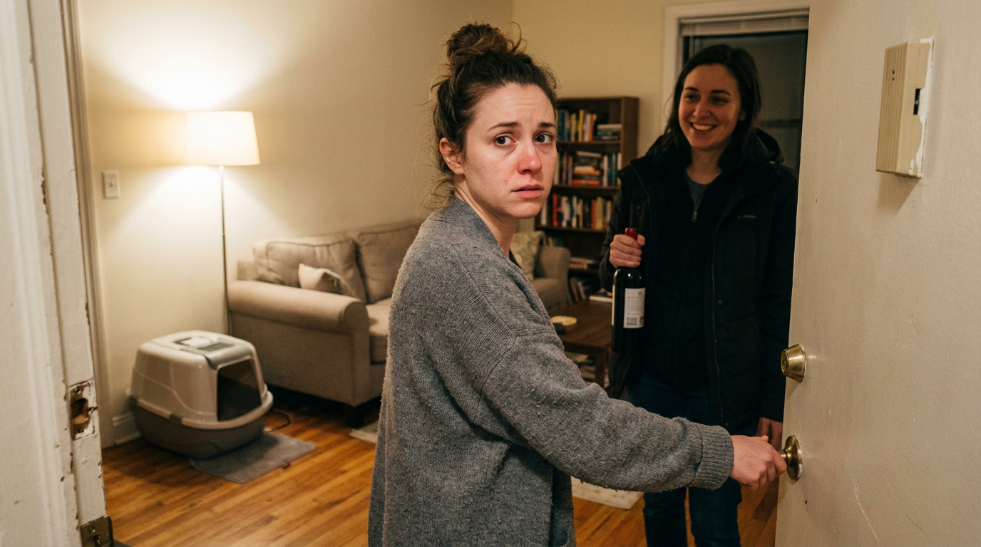 Woman greeting friend at door with subtle anxiety